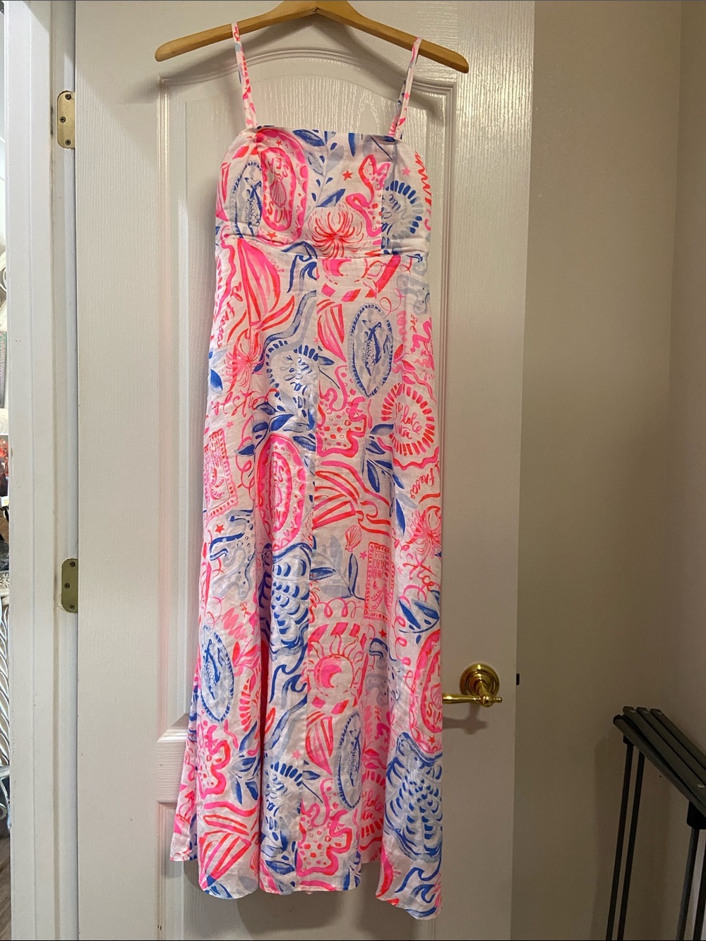 Lilly Pulitzer Coral Pink & Cobalt Blue Print Maxi Dress